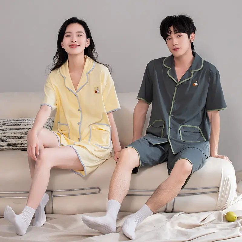 Wholesale Summer Short Sleeve Top Pants Pajamas Simple Couples 100% Cotton Loose Home Wear