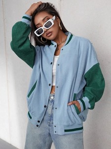 Blouson universitaire pour femme grande taille, couleur unie, avec manches en cuir, respirant et finition teinte unie - Product Image 5