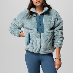 Veste zippée en polaire bleue pour femmes Douce en sherpa Manches longues Col montant Vêtement d'extérieur chaud Léger Confortable Automne Hiver Veste décontractée - Product Image 1