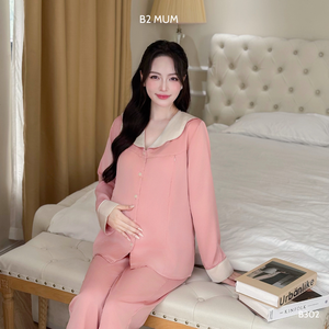 Pantalones de seda perlada de alta calidad, conjunto de camisa con hebilla y cintura elástica, ropa de maternidad larga para el embarazo posparto B762 - Product Image 3