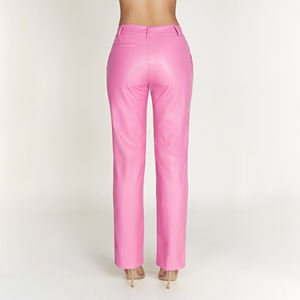Personalizable transpirable PU pantalones de cuero para las señoras a prueba de viento apretado Pantalón estilo Legging liso Rosa media cintura plana para el invierno - Product Image 5