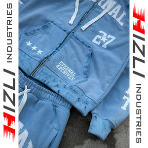 Ensemble jogging et sweat à capuche oversize en molleton bouclette uni avec fermeture éclair, qualité supérieure, style streetwear déchiré pour homme - Product Image 4