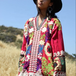 Glorieux bohème traditionnel fait à la main Suzani broderie robe à manches longues col en V belle robe de broderie florale - Product Image 1