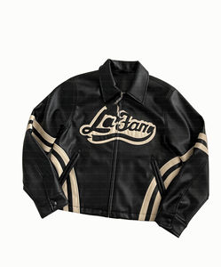 Streetwear rétro vintage zippé Patchwork avec broderie personnalisée Veste en cuir PU pour homme - Product Image 1