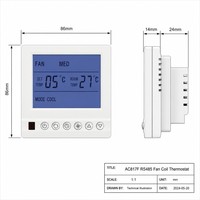 AC817F Digital 3 Kecepatan RS485 Penghemat Energi Fan Coil 2/4pipa Termostat Dinding Persegi 220V Tahan Api PC+ABS Apartemen