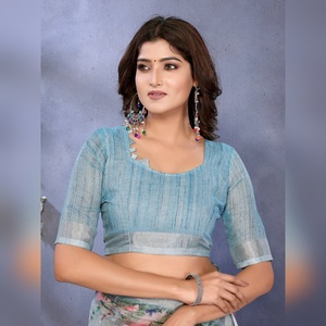 Sari en lin à imprimé floral multicolore bleu ciel personnalisé, préférablement GG-409, collection ethnique florale colorée - Product Image 2