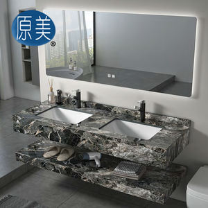 Fourniture d'usine Meuble-lavabo moderne en pierre frittée brillante pour salle de bain Meuble-lavabo mural double évier encastré en dalle de marbre Cabinet pour hôtel - Product Image 4