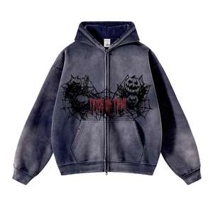 Achetez un sweat à capuche zippé Streetwear Hallowmas 360 GSM délavé à l'acide Y2K pour homme, sweat à capuche surdimensionné pour homme - Product Image 3