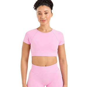 เสื้อครอปเอวลอยสำหรับผู้หญิงเสื้อออกกำลังกายเล่นโยคะไร้ตะเข็บตัดสีพื้นเสื้อแห้งเร็วระบายอากาศ - Product Image 4