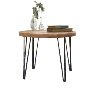 Table basse ronde de luxe moderne en métal enduit noir avec dessus en bois Table centrale de salon élégante pour la décoration de la maison - Product Image 1