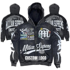 Custom Vintage Wash <b>Hoodie</b> Men's Full <b>Zip</b> <b>Up</b> <b>Graphic</b> Printed <b>Hoodie</b> Streetwear Fashion Heavyweight Hooded Sweatshirt - Product Image 1