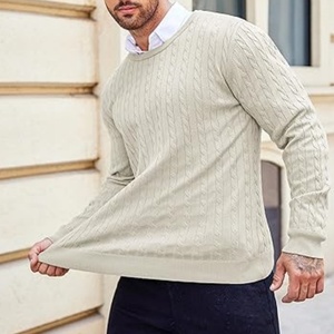 เสื้อสเวตเตอร์ไหมพรมแขนยาวทรงหลวมสำหรับผู้ชาย คอกลม ลายถักแบบเคเบิล พร้อมลายบิดเกลียว สีพื้น สำหรับฤดูหนาว - Product Image 4