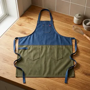 Tablier en jean bleu olive, style classique, avec poches, lavable en machine, réutilisable, écologique, résistant à l'eau, pour la cuisine et l'usage quotidien - Product Image 1