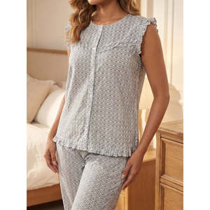 Conjunto de Pijama Premium de Rayón y Algodón Suave con Cuello con Volantes para Mujer, Evolove X Venus, Transpirable, de Secado Rápido, Mangas Largas, Cintura Elástica - Product Image 1
