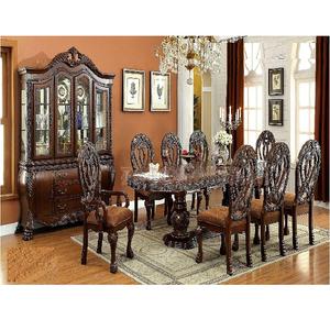 Juego de mesa de comedor tallada a mano con acabado de nogal, mueble de madera maciza de 8 plazas para comedor - Product Image 1