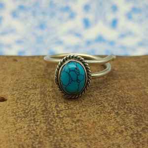 Gorgeous Turquoise Gemstone Ring 925 Sterling <b>Silver</b> Bezel Setting Lightweight Hammered <b>Band</b> Bohemian Oval Cut Jewelry <b>Weddings</b> - Product Image 1