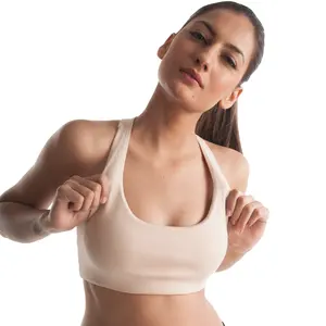 Organic Green Sports and Exercise Bra with D Cut Back Design in Light Beige Color for Girls available at Reasonable Price