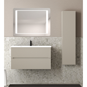 Lavandino in resina per armadietti in cotone bianco da 90 cm e specchio in stile argilla con composizione da bagno a colonna - Product Image 1