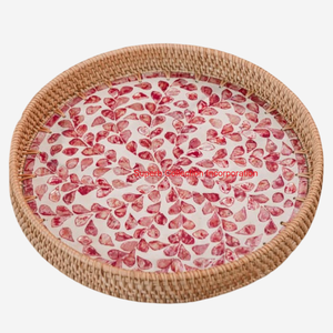 Plateau de service rond élégant en rotin avec incrustation de nacre Plateau décoratif naturel pour la décoration de la maison Centre de table et cuisine - Product Image 1