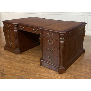 Mahogany Brown Leather Executive Partners Desk Two-Sided <b>Lockable</b> Rectangular 1-Year Warranty - Product Image 1
