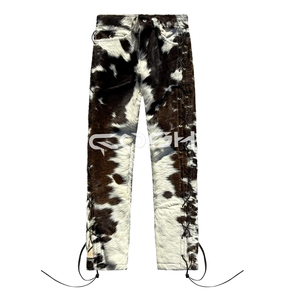 Pantalon vintage coupe droite taille mi-haute en cuir avec poils de vache et détails en dentelle pour femme, marron et blanc, coupe coupe-vent |   Fournisseur Pakistan - Product Image 1