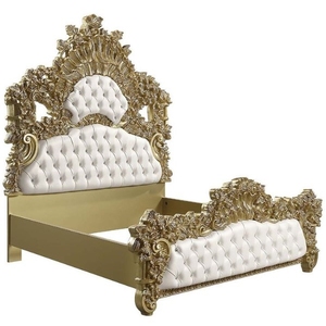 Cama de lujo oro completo tallado cabecero acolchado cuero crema madera maciza de caoba tamaño King-muebles de madera antiguos hechos a mano - Product Image 2