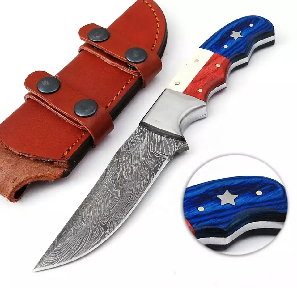 Couteaux de chasse en acier damas forgés à la main, couteaux de chasse à lame fixe à poignée de drapeau Texas pour un transport quotidien