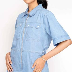 Mono de algodón 100% de verano transpirable informal liso con cuello levantado de manga corta de longitud completa de último diseño para mujer - Product Image 1