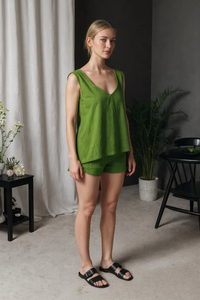 Linen Lounge Set Sleeveless Top & Mini Shorts with Pockets Custom Made Sleeveless V-neck top with a clean - Product Image 2