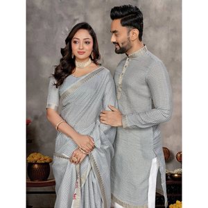 Ensemble de tenues ethniques de créateur pour elle et lui mariage traditionnel indien fiançailles et fêtes de festival assorties Saree Kurta - Product Image 1