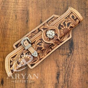 Luxurious Handcrafted <b>Tooled</b> Cowhide <b>Leather</b> Long Knife Sheath Holster With Belt Loop Carved Genuine <b>Leather</b> Open Knife Cases - Product Image 1