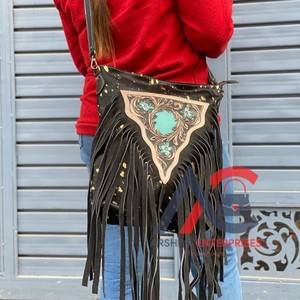 New Best Seller Hand Tooled Leather Western Women Crossbody Purse Hair on Cowhide Fringe Conceal Carry Genuine Leather <b>Handbag</b> - Product Image 1