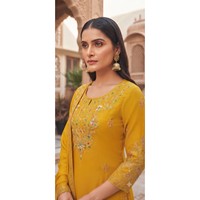 Anouk Kadın Düz Desenli 3 Parçalı İpek Şifon İmparatorluk Kesim İşlemeli Kurti Palazzo Takımı Dupatta ile İlkbahar/Yaz Hızlı Kuruyan