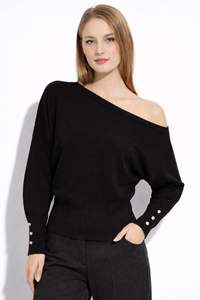 Elegante Suéter de Punto para Mujer con Cuello Barco y Manga Murciélago - Top Holgado con Cintura Acanalada y Puños con Botones Dorados - Product Image 6