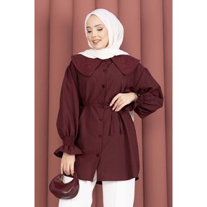 Tunique en popeline bordeaux pour femmes, chic, col brodé à volants et taille à cordon, tailles XS-XL, pour les fêtes - Product Image 4