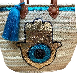 Sac fourre-tout bohème en paille tressée avec motif Hamsa à sequins, sac à bandoulière décontracté, doublure en coton, sac de plage pour les vacances, logo personnalisé - Product Image 2