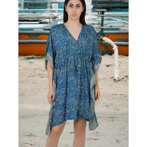 Blue Gold Floral Silk Short <b>Kaftan</b> #1629 Stylish SwimSuit Cover Ups - Product Image 1