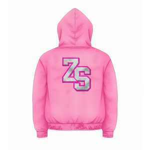Heavy Fleece Winter <b>Hoodie</b> Custom Glitter Chenille Logo <b>Pink</b> Zipper <b>Hoodie</b> with Rhinestone Embellishment Zip Up basics <b>Hoodie</b> - Product Image 2