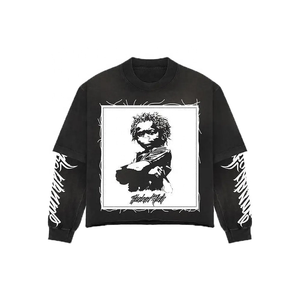 T-shirt oversize à épaules tombantes de luxe pour homme, style streetwear, délavé à l'acide, vintage, délavé, double couche, manches longues, col montant - Product Image 4