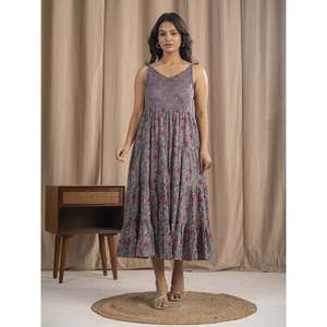 เดรสผ้าฝ้ายมัลมัลสีเทา สายผูกไหล่ พิมพ์ลายบล็อกด้วยมือ สไตล์ลำลอง เอวธรรมชาติ ระบายอากาศได้ดี - Product Image 4