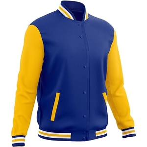 เสื้อแจ็คเก็ตวาร์ซิตี้สีน้ำเงินรอยัลและสีเหลืองสำหรับผู้ชาย รุ่นพรีเมียม ของแท้ พร้อมแขนเสื้อสีแดงตัดกันและแถบลายทาง - Product Image 6