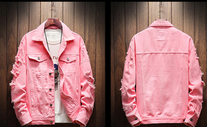 2025 nuova giacca in Denim da uomo <span class=keywords><strong>giallo</strong></span> rosa abbigliamento da uomo giacca in Denim da uomo High Street Hole giacche di Jeans Casual Hip Hop - Product Image 4