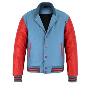 Veste universitaire Letterman sur mesure en molleton bleu ciel avec manches en cuir rouge pour hommes, vente en gros de vestes universitaires chauffantes d'hiver, OEM - Product Image 4
