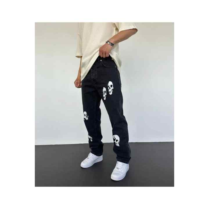 Men's Baggy Length Relaxed Cut Printed Anthracite Jeans Denim Trousers