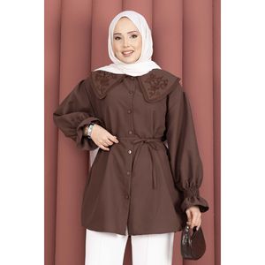Túnica Formal Marrón para Mujer con Cuello Bordado, Cintura con Cordón Ajustable, Adornos Florales, Chifón, Tejido de Rayón, Tallas XS-XL, Ideal para Fiestas - Product Image 3