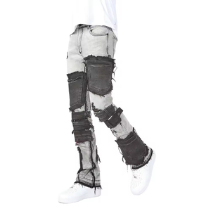 Jeans pour hommes en détresse blanc et noir, jeans respirants pour hommes de haute qualité personnalisés extensibles détruits déchirés de coupe régulière - Product Image 3