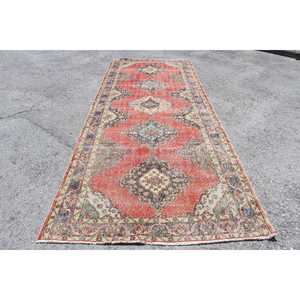 4.8x12.4 ft Turkish Vintage <b>Runner</b> Rug Eco-Friendly Patchwork Design <b>Red</b> Blue Bordered Wool Rug with Latex Backing - Product Image 1