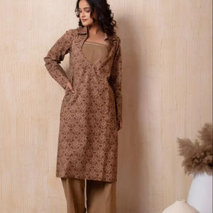 DHOOP CHAAV marron coton bloc à la main 3 pièces ensemble décontracté imprimé fleuri robe pour adolescents taille naturelle organza creux - Product Image 1