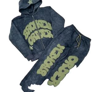 Ensemble survêtement deux pièces pour homme, sweat-shirt et pantalon de survêtement surdimensionnés, imprimé patchwork hip-hop, lavage à l'acide, broderie personnalisée, style Y2K - Product Image 2