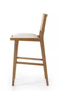 Taburete moderno de mediados de siglo con respaldo de caña y asiento tapizado - Product Image 3